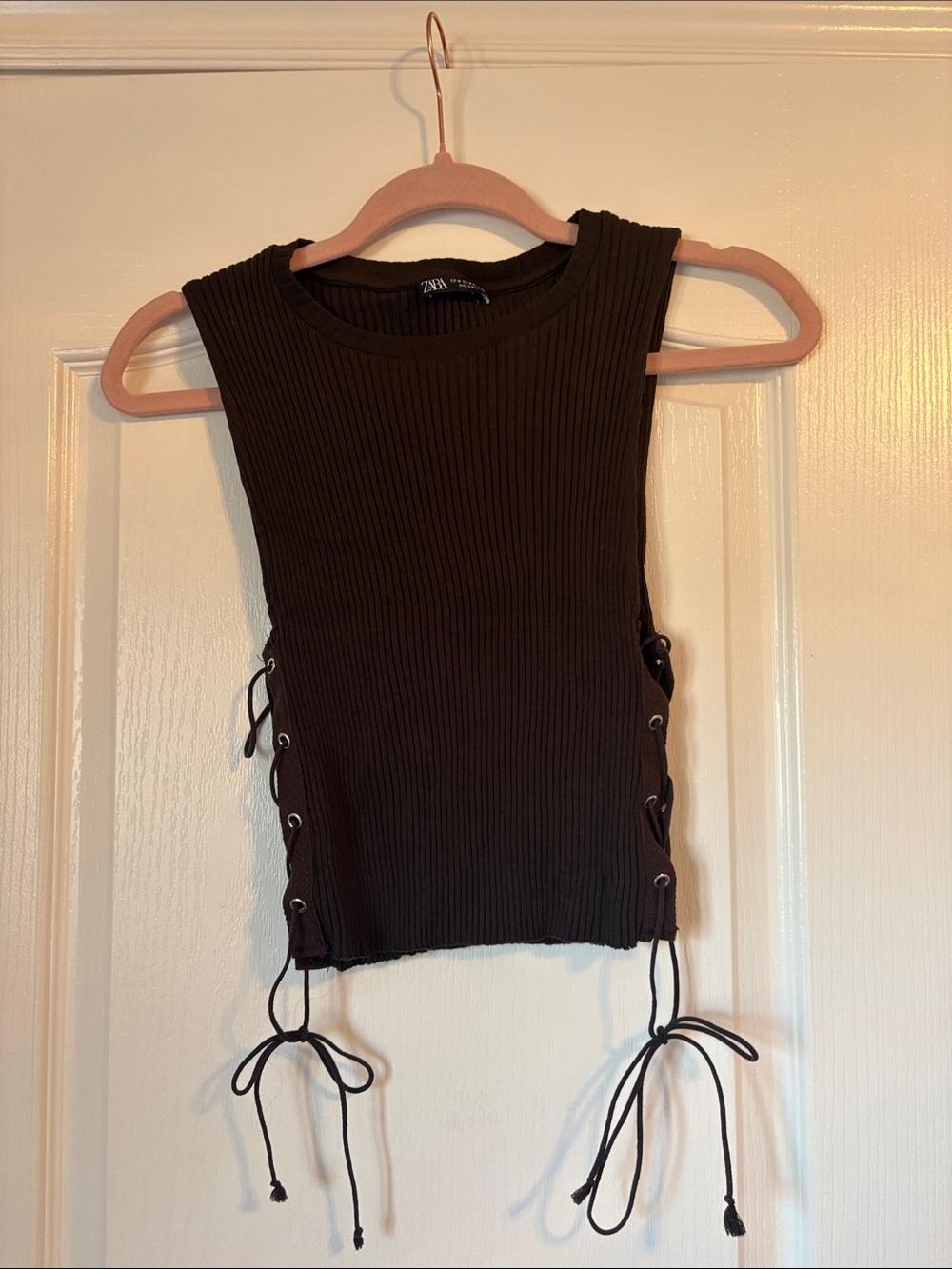 Zara Brown Ribbed Tank with Side Lace-Up Ties